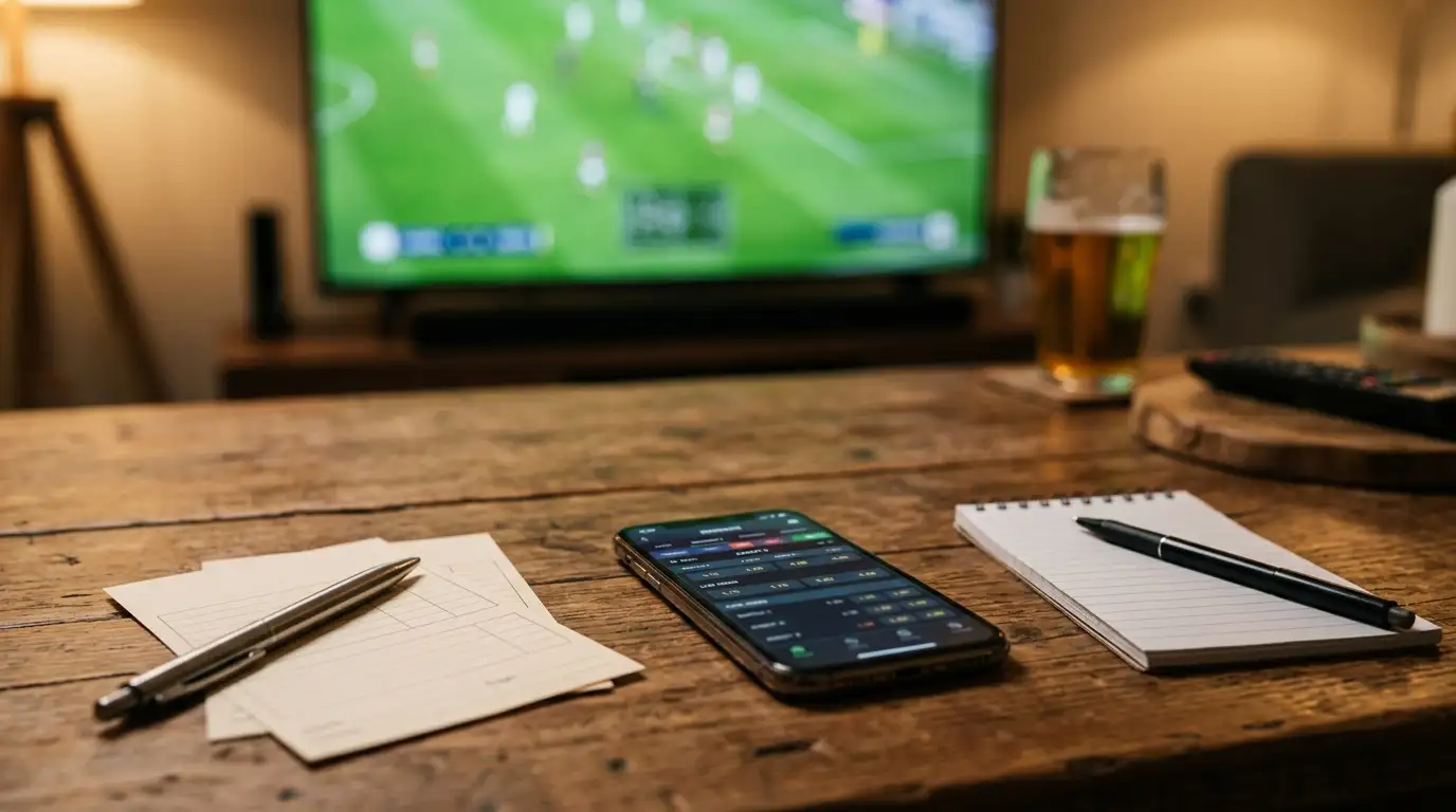 Zwei Wettscheine und ein Smartphone mit Quotenanzeige auf einem Tisch neben einem Notizblock, warmes Licht, im Hintergrund ein unscharfer Fernseher mit grünem Rasen, symbolisch für die Wett-Vorbereitung auf einen Spieltag.