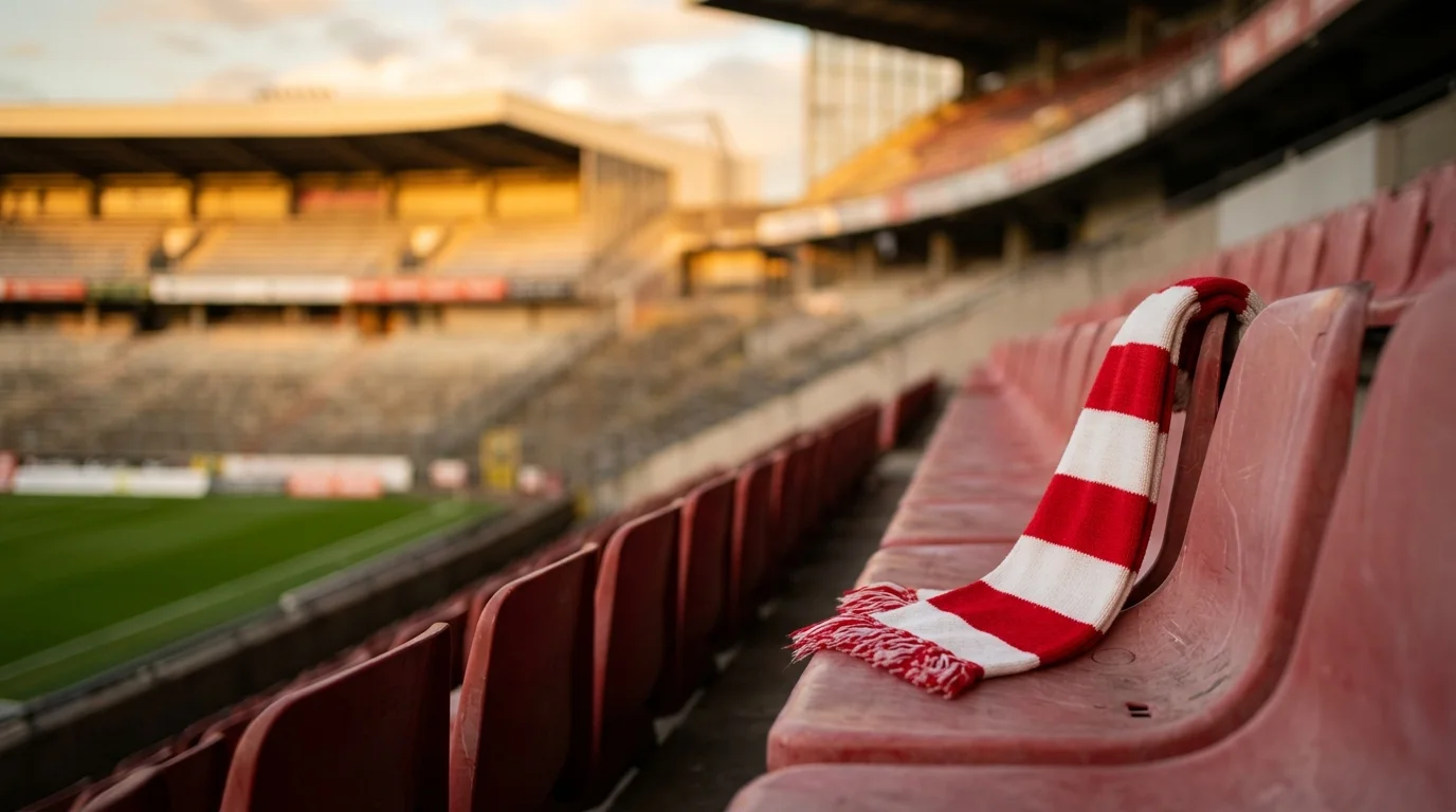 Ein rot-weisser Fan-Schal ohne Schriftzug liegt über einer Sitzreihe in einem offenen Stadion, im unscharfen Hintergrund die leere Tribüne im Abendlicht, ruhige Spannung vor einem grossen K.-o.-Spiel.