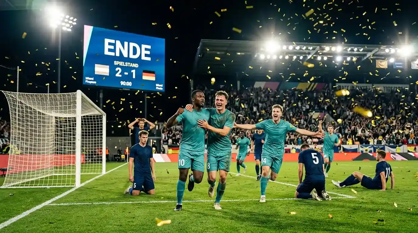 Zwei Nationalteams reagieren nach einem torreichen Spiel auf einem hell erleuchteten Rasen in Miami, Konfetti und Licht
