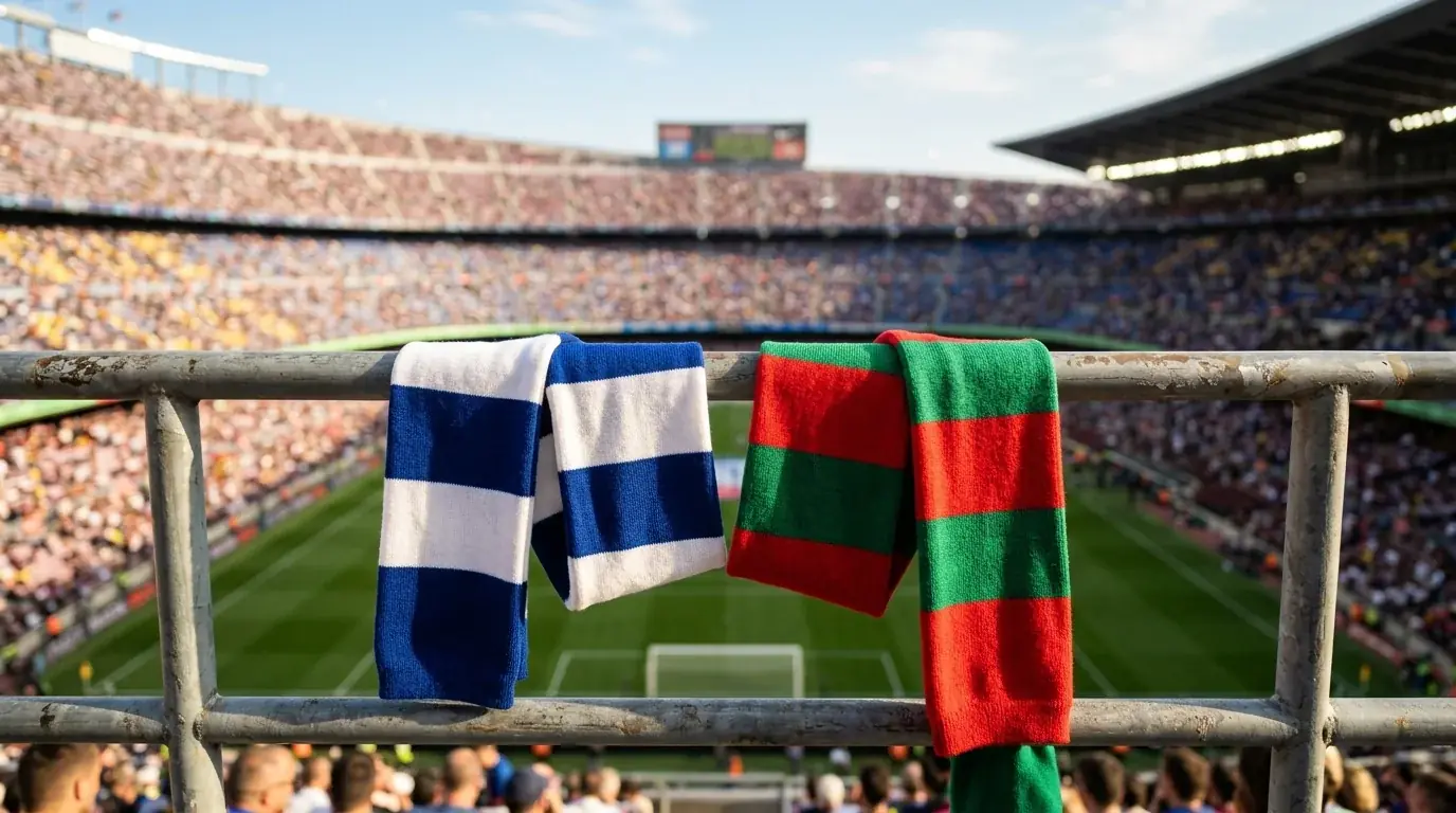Ein blau-weiss und ein rot-grün gestreifter Fan-Schal ohne Schriftzug hängen nebeneinander über einer Stadionbrüstung, im unscharfen Hintergrund ein sonnenbeschienenes offenes Stadion, gespannte Vorfreude vor dem Anpfiff.