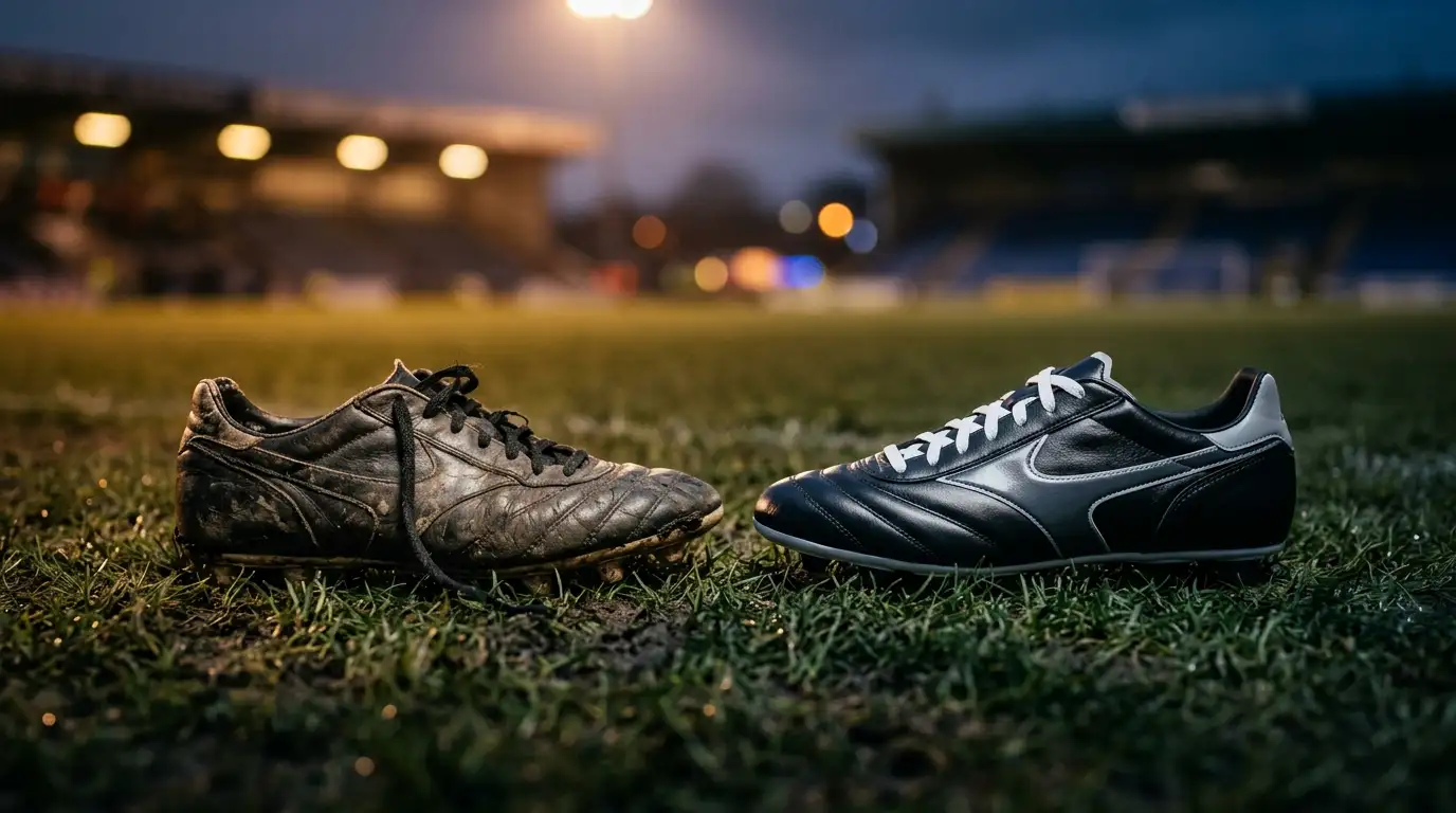Zwei leere Fussballschuhe – ein abgetragener und ein brandneuer – nebeneinander auf einem Rasen im Stadionlicht, symbolisch für das Duell zwischen Erfahrung und Jugend, ohne Marken oder Schriftzüge.