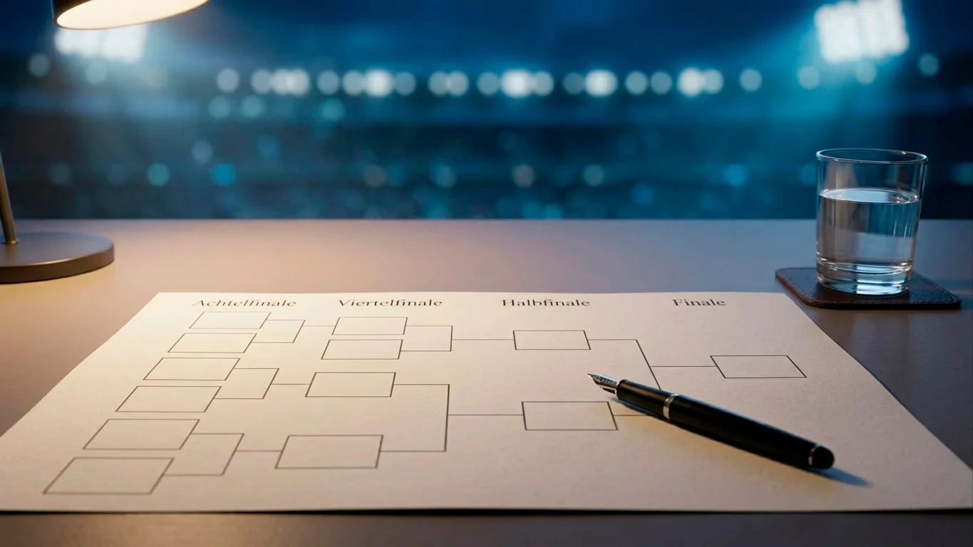 Eine stilisierte Turnierbracket-Tafel auf einem Tisch vor einer abendlichen Stadionkulisse, kühles Licht, leere weisse Linien für die offenen Paarungen, symbolisch für das R16-Bracket der WM 2026.