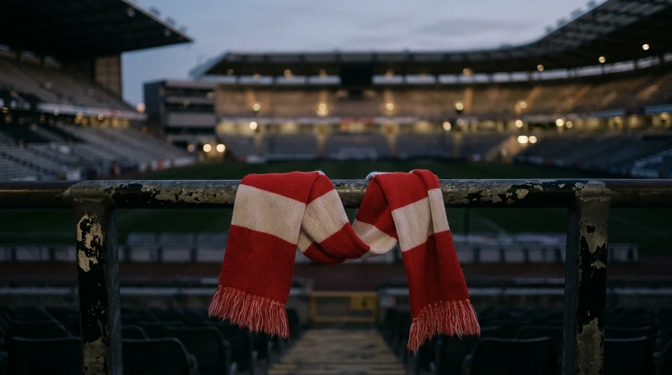 Ein rot-weisser Schal ohne Schriftzug hängt über einer leeren Stadionschranke, im unscharfen Hintergrund ein weites, dämmriges Rund nach Spielschluss, gedämpfte Stimmung.