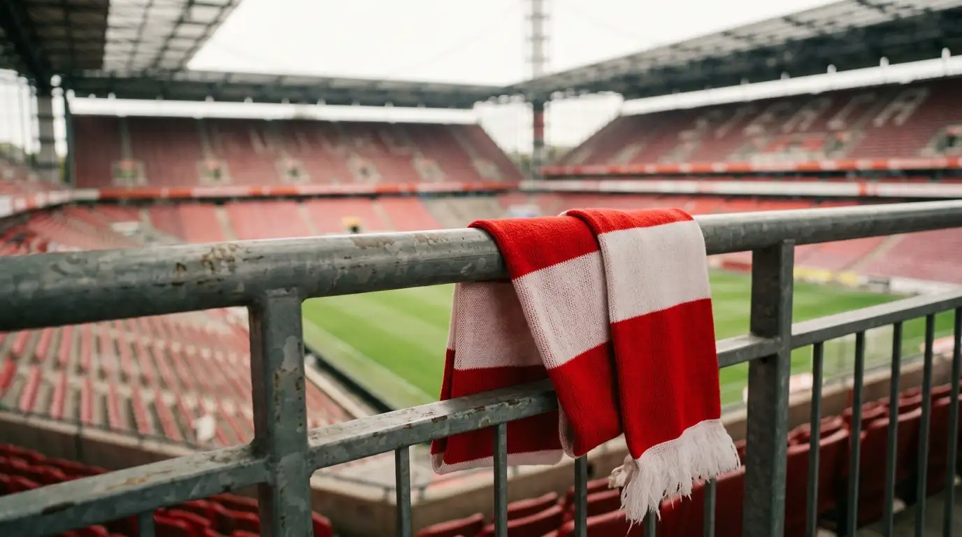 Ein rot-weisses Fan-Schal ohne Schriftzug liegt über einer Stadionbrüstung, im unscharfen Hintergrund ein überdachtes Stadioninnere bei Tageslicht, ruhige Vorfreude-Stimmung vor einem grossen Spiel.