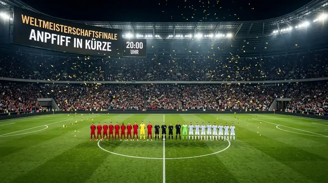 Zwei Nationalteams stehen vor dem Finale in einem vollen, hell erleuchteten Stadion aufgereiht, goldenes Konfetti in der Luft