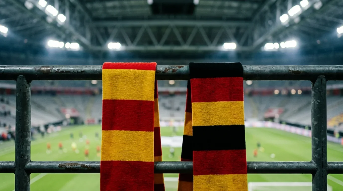 Ein rot-gelber und ein schwarz-rot-gelber Fan-Schal ohne Schriftzug hängen über einer Stadionbrüstung, dahinter ein unscharfes, überdachtes Stadioninnere in kühlem Hallenlicht, ruhige Anspannung vor dem Anpfiff.