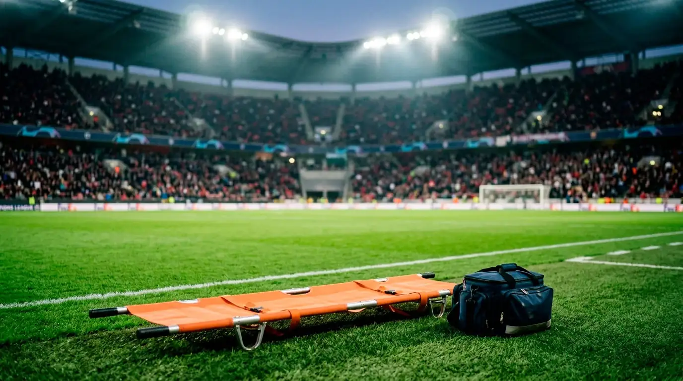 Eine Trage steht am Spielfeldrand eines Stadions, im Hintergrund verschwommen die Tribünen, kühles Abendlicht, symbolisch für die Verletzungssorgen Spaniens vor dem Achtelfinal der WM 2026.
