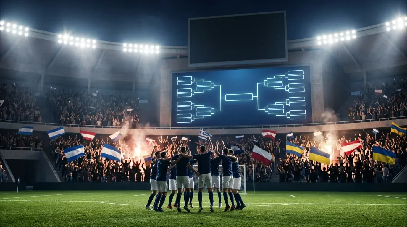 Generische Anzeigetafel mit K.-o.-Baum und jubelnde Fans in einem Stadion, symbolisch für die Qualifikation zur Runde der letzten 32 bei der WM 2026.