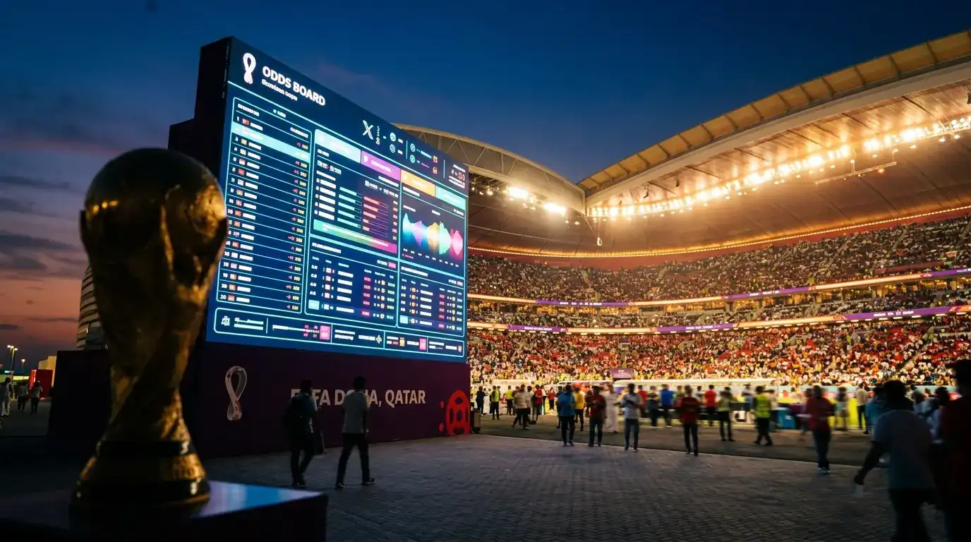 Eine Anzeigetafel mit Siegquoten vor einem vollen WM-Stadion, symbolisch für die Favoritenfrage nach dem 2. Spieltag der WM 2026.