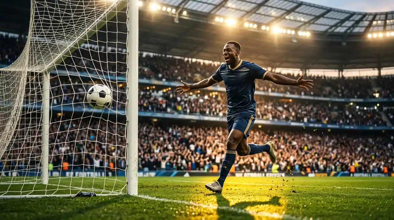 Ein Stürmer trifft per Kopfball ins Tor vor einer voll besetzten Stadiontribüne, symbolisch für das Rennen um den WM-Torschützenkönig 2026.