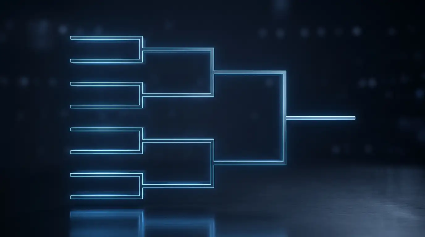 Eine übersichtliche Turnierbaum-Grafik auf dunklem Hintergrund mit acht leeren Paarungslinien und kühlem blauem Licht, symbolisch für das vollständige Achtelfinal-Feld der WM 2026, ohne Namen oder Zahlen.