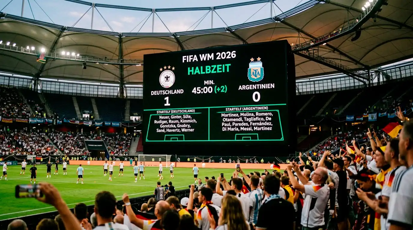 Elektronische Anzeigetafel in einem Fussballstadion mit Spielstand und Mannschaftsaufstellungen