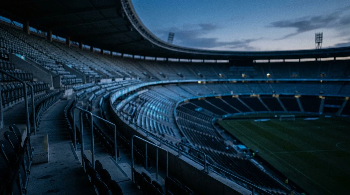 Ein stilisiertes, unscharfes Stadionrund bei Abendlicht mit leeren Rängen und kühlen Lichtreflexen, sinnbildlich für den Blick auf ein Turnier-Tableau kurz vor der Entscheidung.