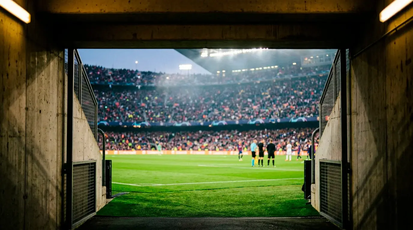 Ein Stadiontunnel mit angedeutetem Spielfeld am Ende, warmes Licht, in der Ferne ein gefülltes Stadion, symbolisch für den dritten Achtelfinal-Tag der WM 2026.