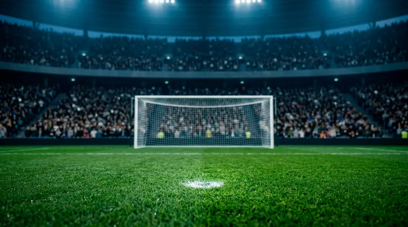 Stilisierte Stadionnacht mit angedeutetem Elfmeterpunkt im Vordergrund, Zuschauerränge im Hintergrund verschwommen, kühles Licht über dem Rasen, symbolisch für den Achtelfinal-Tag der WM 2026.