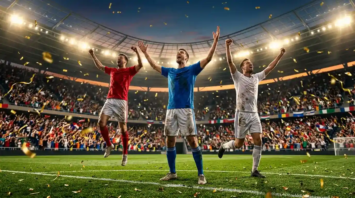 Drei Fussballstars feiern ihre Tore vor einer vollen WM-Tribüne, symbolisch für die Rekorde am 2. Spieltag der WM 2026.