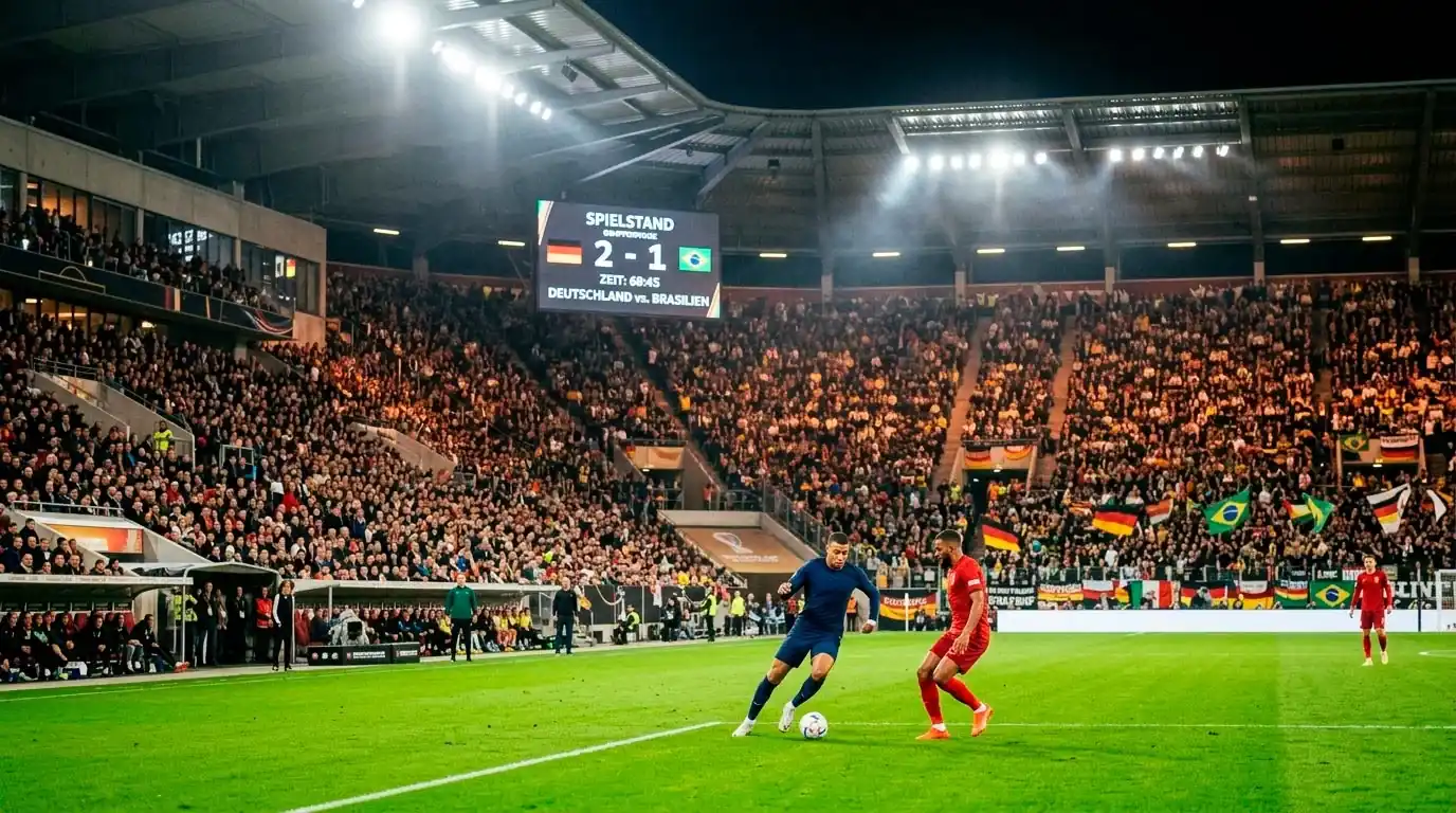 Fussballstadion bei einem WM-Gruppenspiel mit vollen Rängen und Flutlichtbeleuchtung