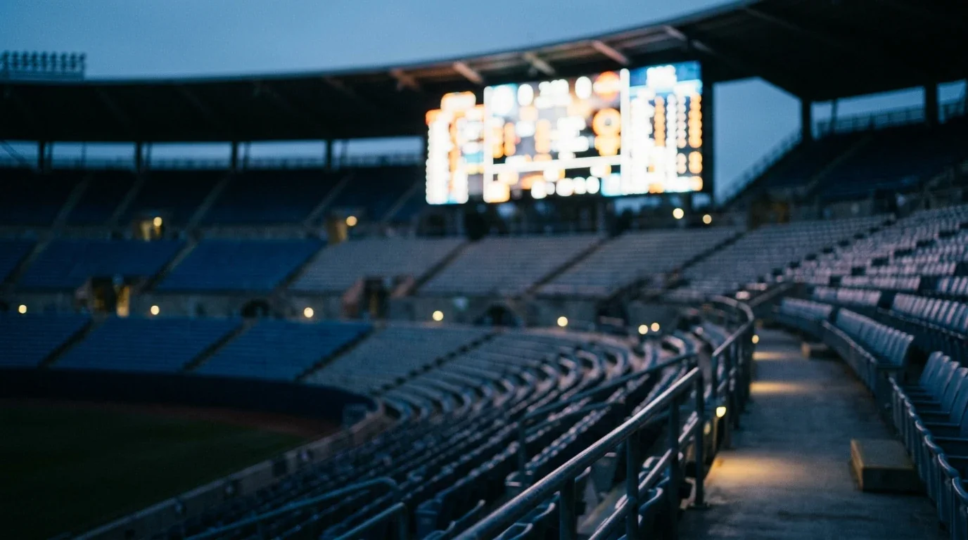 Eine unscharfe Anzeigetafel-Ästhetik in einem leeren Stadion bei Abendlicht, kühle Lichtreflexe auf den Rängen – Sinnbild für den Blick auf die Turnier-Notierungen kurz vor der Entscheidung.