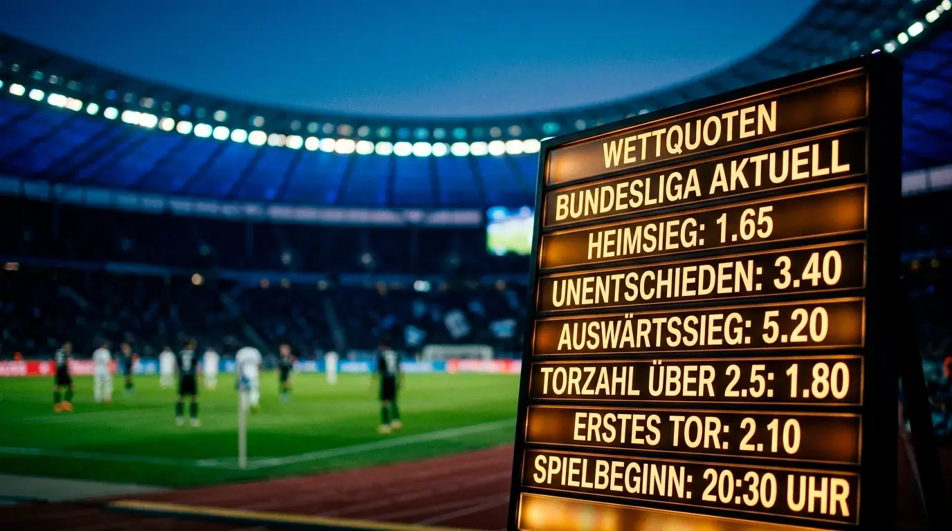 Eine Anzeigetafel mit Siegquoten im Vordergrund vor einer abendlichen Stadionkulisse, kühles Blau, warme Reflexe auf der Tafel, symbolisch für die Neuordnung der WM-Titelquoten nach den Achtelfinal-Sensationen.
