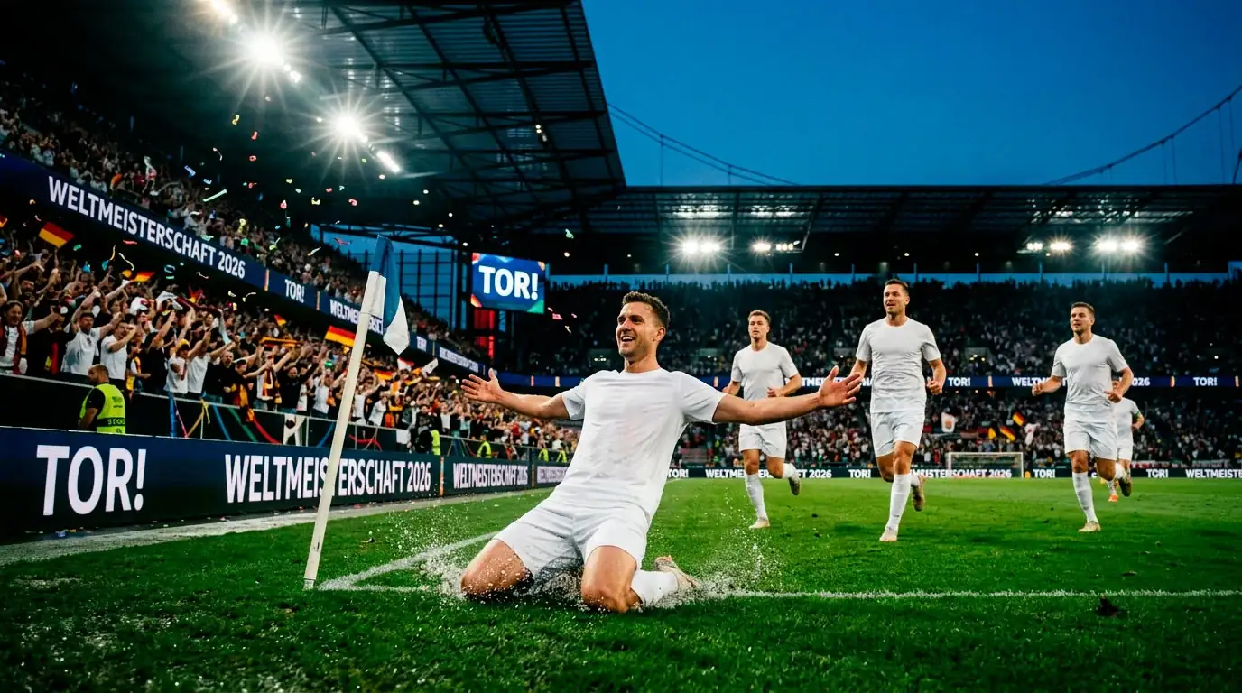 Torjubel einer Fussballmannschaft nach einem Treffer bei einem internationalen Turnier