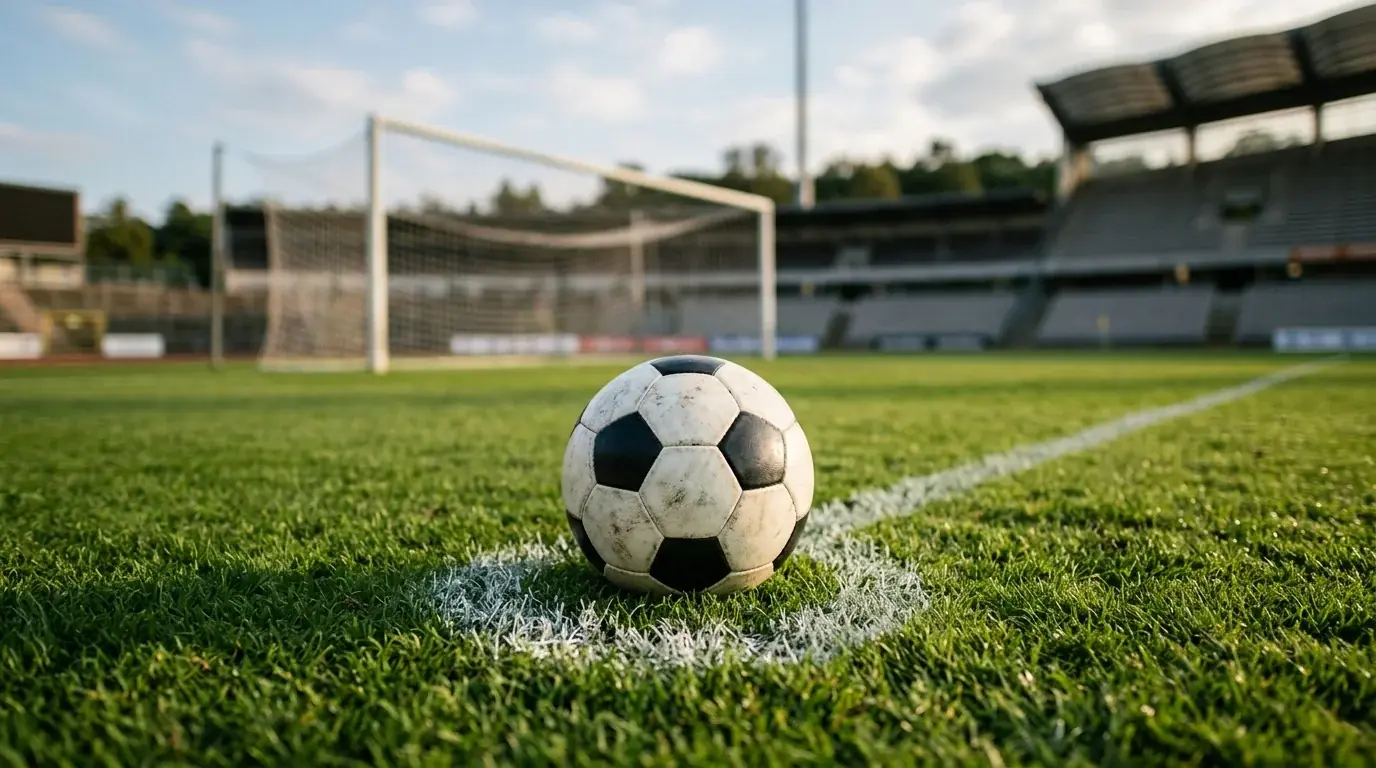Ein einzelner Fussball auf dem Elfmeterpunkt eines leeren, sonnenbeschienenen Rasens, im unscharfen Hintergrund ein leeres Tor, ruhige Konzentration – Sinnbild für das Duell der Torjäger.