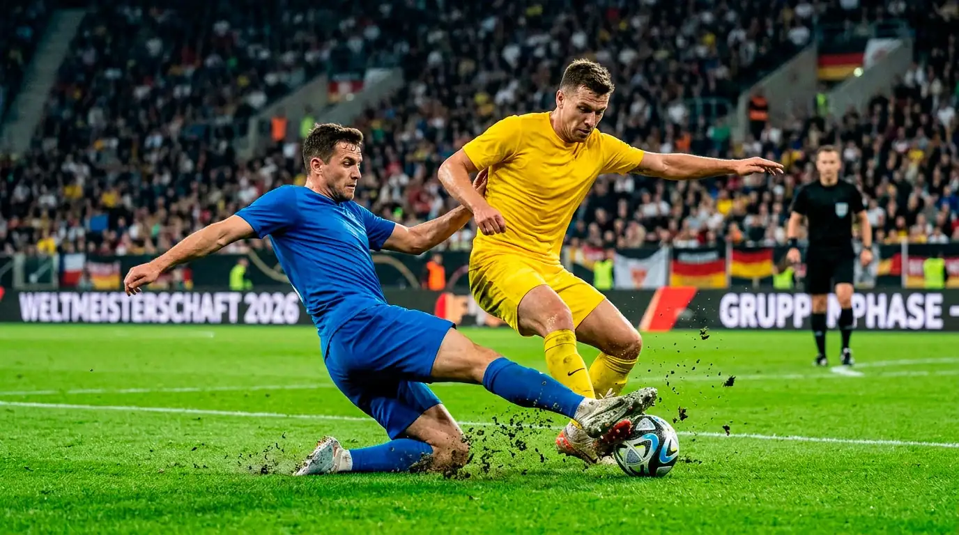 Zweikampf zweier Fussballer bei einem WM-Gruppenspiel auf dem Rasen
