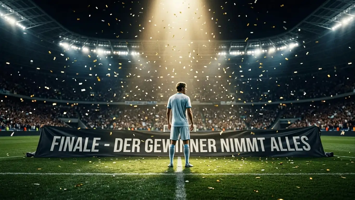 Ein volles, hell erleuchtetes Stadion vor einem WM-Finale, eine einzelne Spielerfigur in Hellblau-Weiss in der Mitte